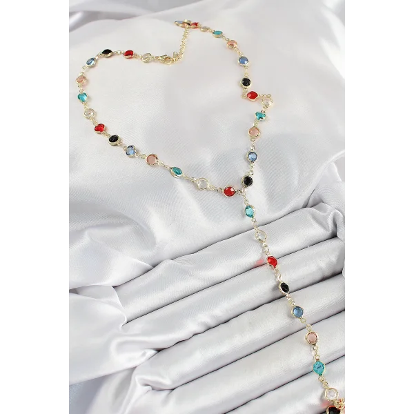 Pirinç Asorti Model Gold Renk Zirkon Taşlı Y Kolye