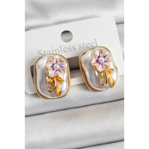 Pirinç Beyaz Mineli İnci Detaylı Çiçek Figürlü Sanatsal Portre Model Gold Renk Kadın Küpe