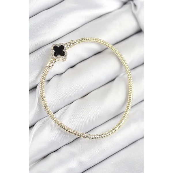Pirinç Charm Zirkon Taşlı Yonca Model Gold Renk Kadın Bileklik