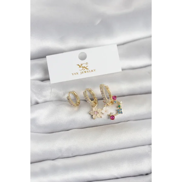 Pirinç Gold Renk Çiçek Model 3lü Kadın Küpe