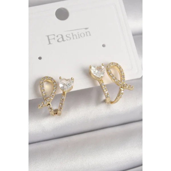 Pirinç Gold Renk Düğüm Model Zirkon Taşlı Kalp Detay Kadın Küpe