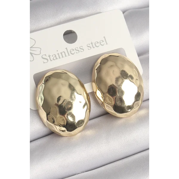 Pirinç Gold Renk İşlemeli Bombe Oval Model Kadın Küpe