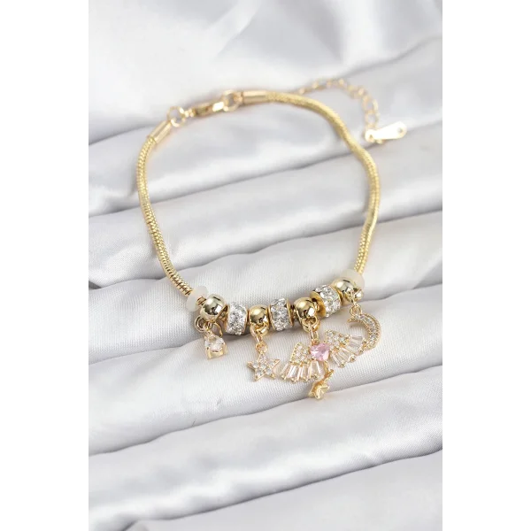 Pirinç Gold Renk Kanatlı Charmlı Kadın Bileklik