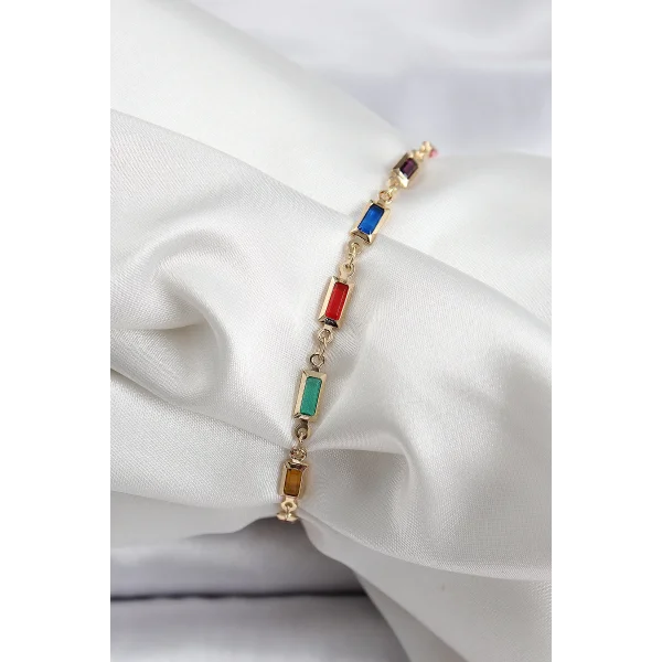 Pirinç Gold Renk Karışık Renkli Kare Zirkon Taşlı Kadın Bileklik