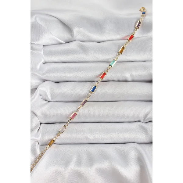 Pirinç Gold Renk Karışık Renkli Kare Zirkon Taşlı Kadın Bileklik