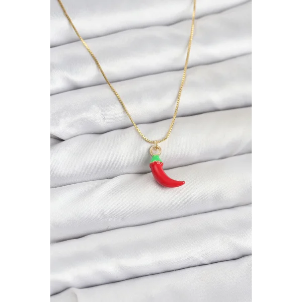 Pirinç Gold Renk Kırmızı Kapya Biber Model Kadın Kolye