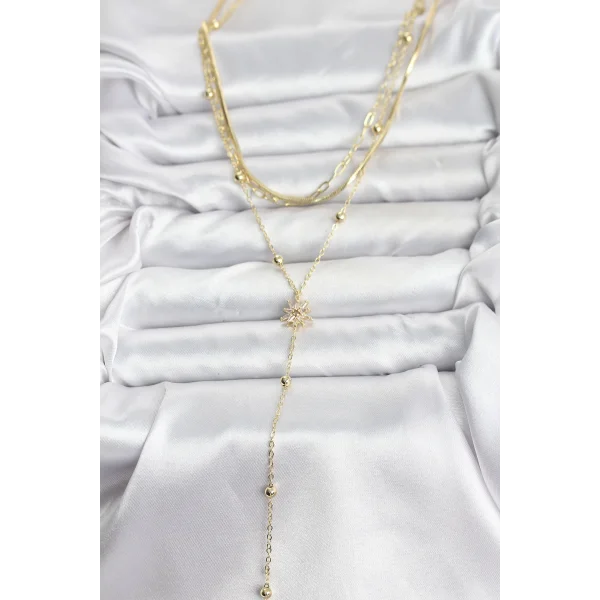 Pirinç Gold Renk Kutup Yıldızı Model Detaylı 3lü Kombin Y Kadın Kolye