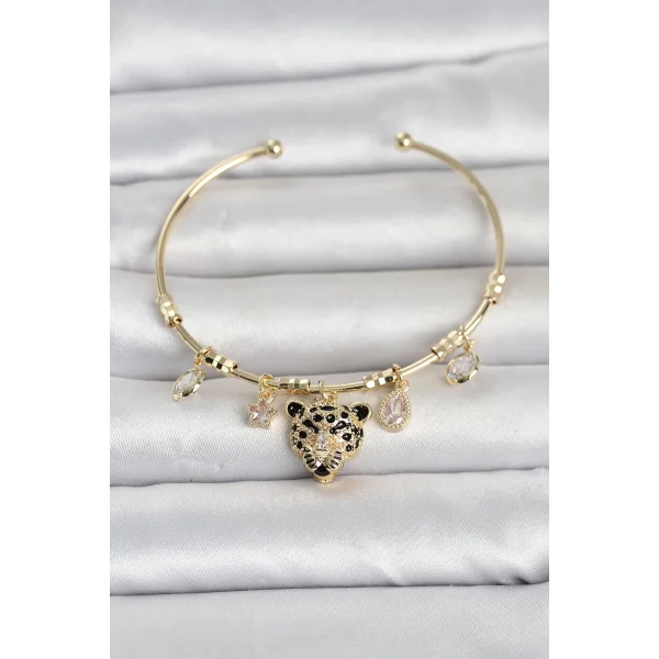 Pirinç Gold Renk Leopar Detaylı Charmlı Kadın Bileklik