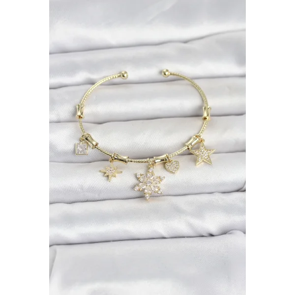 Pirinç Gold Renk Lotus Detay Charmlı Kadın Bileklik