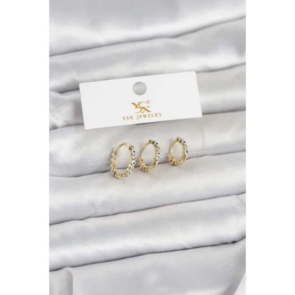 Pirinç Gold Renk Nazarlı Model 3lü Kadın Küpe