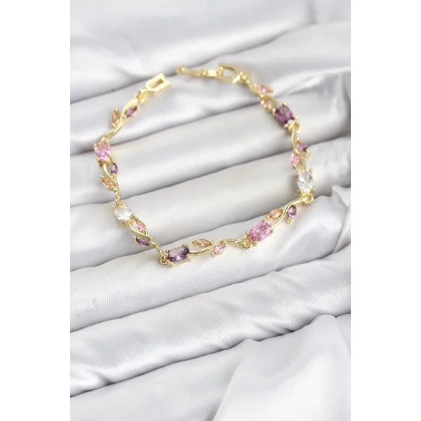 Pirinç Gold Renk Pembe ve Mor Zirkon Taşlı Çiçek Model Kadın Bileklik