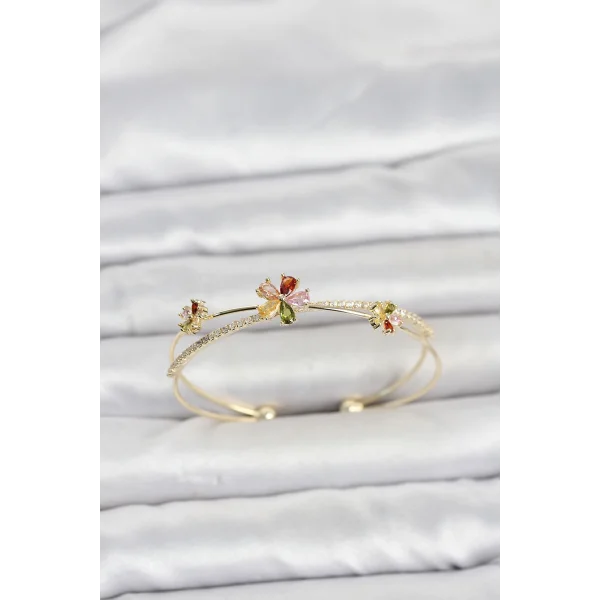 Pirinç Gold Renk Renkli Çiçek Model Kadın Bileklik