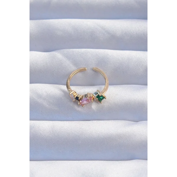 Pirinç Gold Renk Renkli Zirkon Taşlı Ayarlanabilir Yüzük