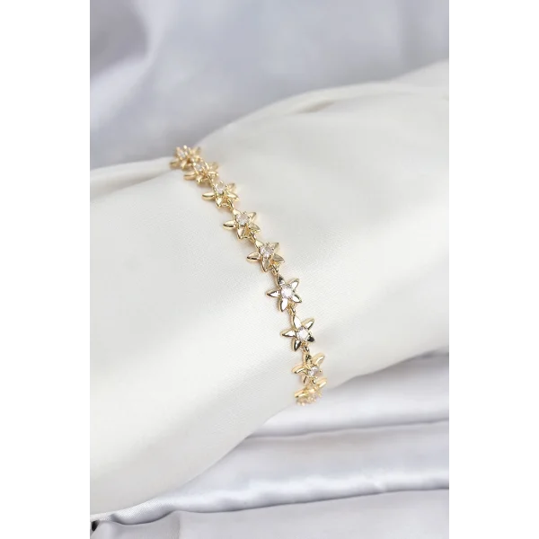 Pirinç Gold Renk VIP Seri Sıralı Taşlı Yıldız Model Zirkon Taşlı Kadın Bileklik