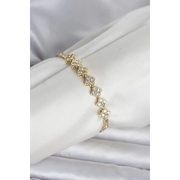 Pirinç Gold Renk Yonca Model Zirkon Taşlı Kadın Bileklik