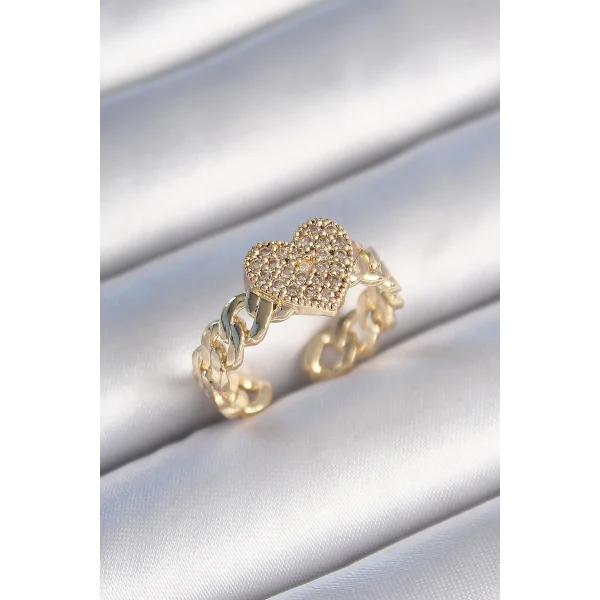 Pirinç Gold Renk Zincir Kordon Zirkon Taşlı Kalp Model Kadın Yüzük