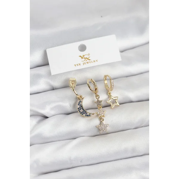 Pirinç Gold Renk Zirkon Taşlı Ay ve Yıldız Model YSX Trio Küpe Seti