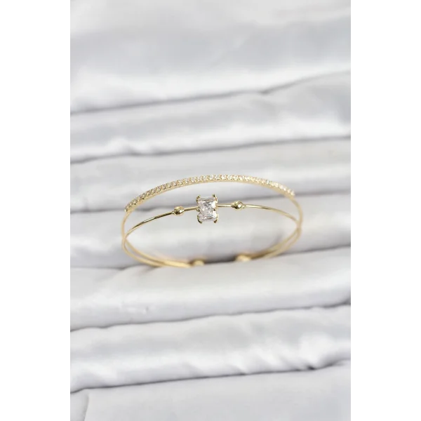 Pirinç Gold Renk Zirkon Taşlı Baget Model Kadın Bileklik