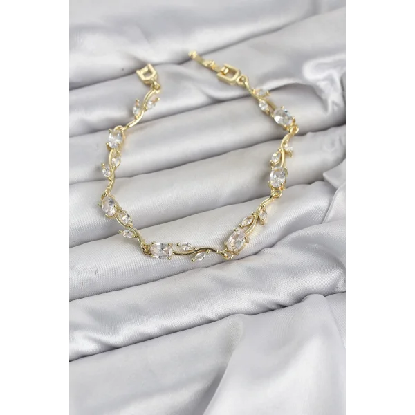 Pirinç Gold Renk Zirkon Taşlı Çiçek Model Kadın Bileklik