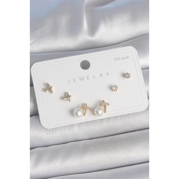 Pirinç Gold Renk Zirkon Taşlı Kelebek Model İnci Detay 925 Ayar Gümüş Çivi Kadın Küpe Seti