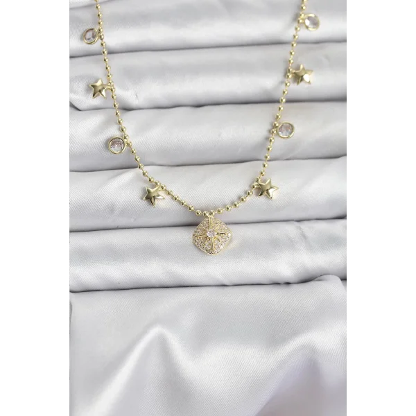 Pirinç Gold Renk Zirkon Taşlı Kutup Yıldızı Model Kadın Kolye