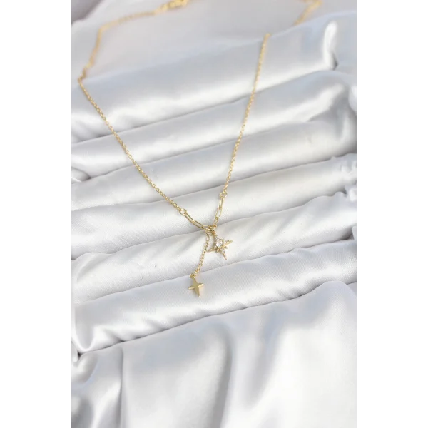 Pirinç Gold Renk Zirkon Taşlı Minimal Sallantılı Kutup Yıldızı Model Kadın Kolye