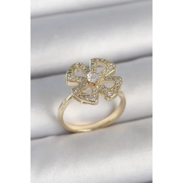 Pirinç Gold Renk Zirkon Taşlı Yonca Model Ayarlanabilir Kadın Yüzük