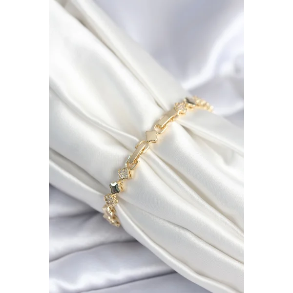 Pirinç Gold Renk Zirkon Taşlı Yonca Model Kadın Bileklik