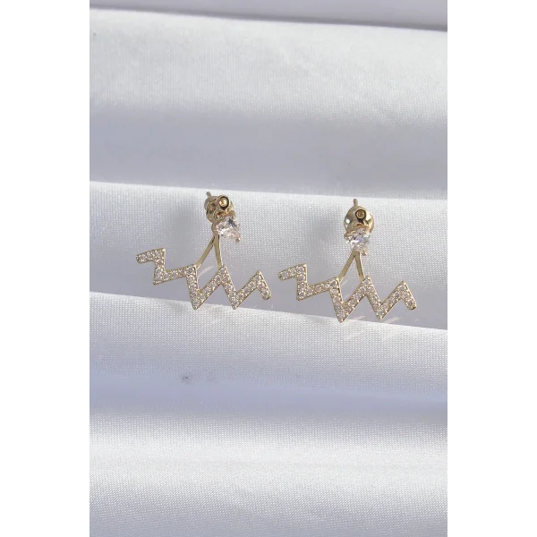 Pirinç Gold Renk Zirkon Taşlı Zikzak Küpe