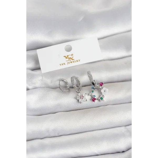 Pirinç Gümüş Renk Çiçek Model 3lü Kadın Küpe