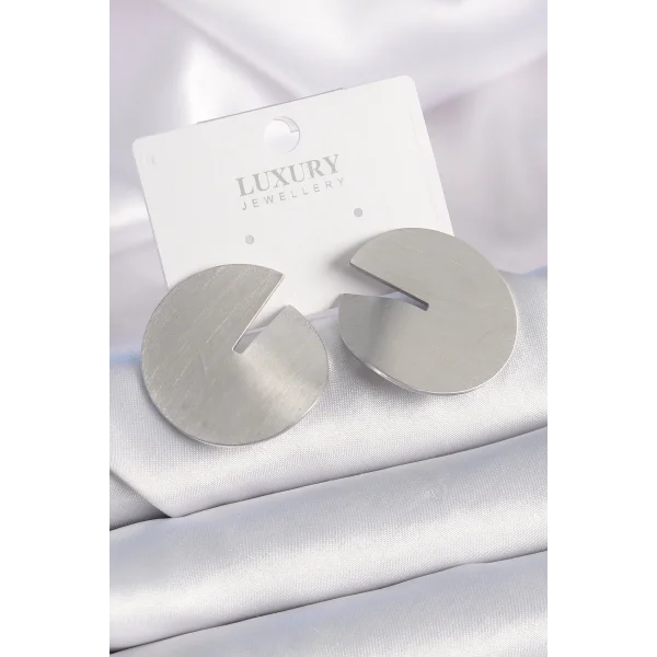 Pirinç Gümüş Renk Daire Plaka Model Kadın Küpe