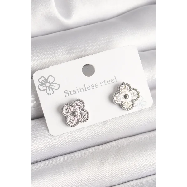 Pirinç Gümüş Renk İşlemeli Yonca Model Kadın Küpe