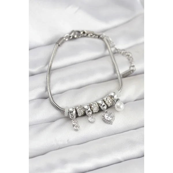 Pirinç Gümüş Renk Kalp Charmlı Kadın Bileklik