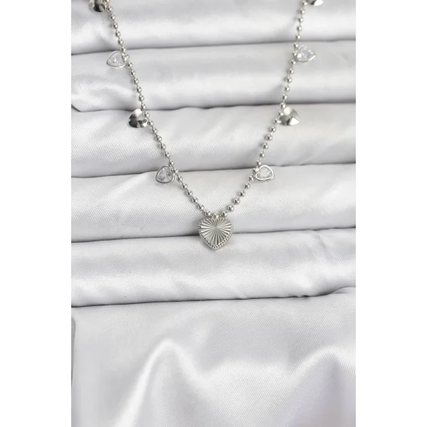 Pirinç Gümüş Renk Kalp Model Kadın Kolye