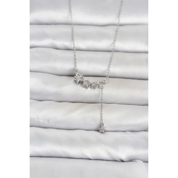 Pirinç Gümüş Renk Minimal Sallantılı Yıldız Model Kadın Kolye