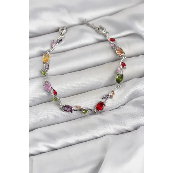 Pirinç Gümüş Renk Mix Renk Zirkon Taşlı Çiçek Model Kadın Bileklik