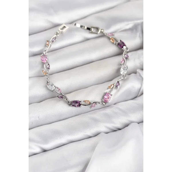 Pirinç Gümüş Renk Pembe ve Mor Zirkon Taşlı Çiçek Model Kadın Bileklik