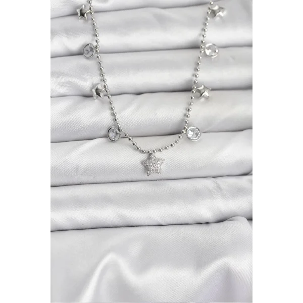 Pirinç Gümüş Renk Yıldız Model Kadın Kolye