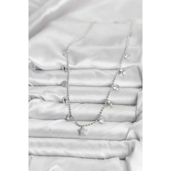 Pirinç Gümüş Renk Yıldız Model Kadın Kolye