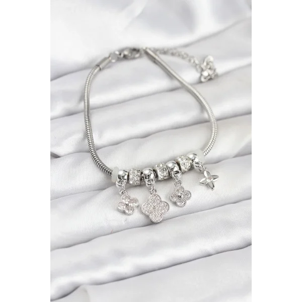 Pirinç Gümüş Renk Yonca Model Kadın Bileklik