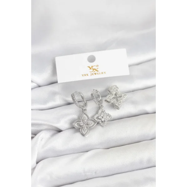 Pirinç Gümüş Renk Yonca Model YSX Trio Küpe Seti