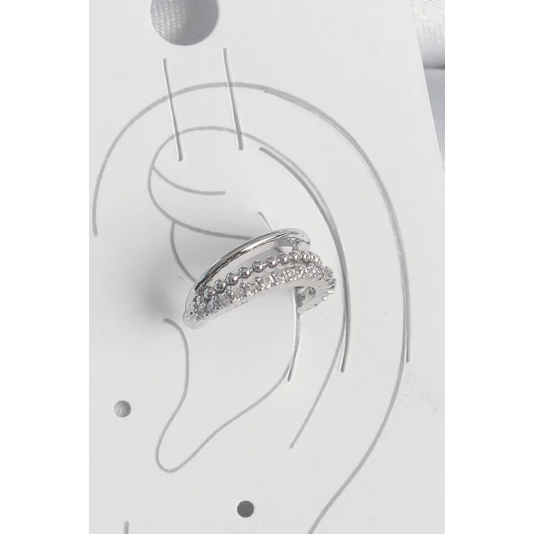 Pirinç Gümüş Renk Zirkon Taşlı 3Lü Sıralı Kadın Kıkırdak Küpe