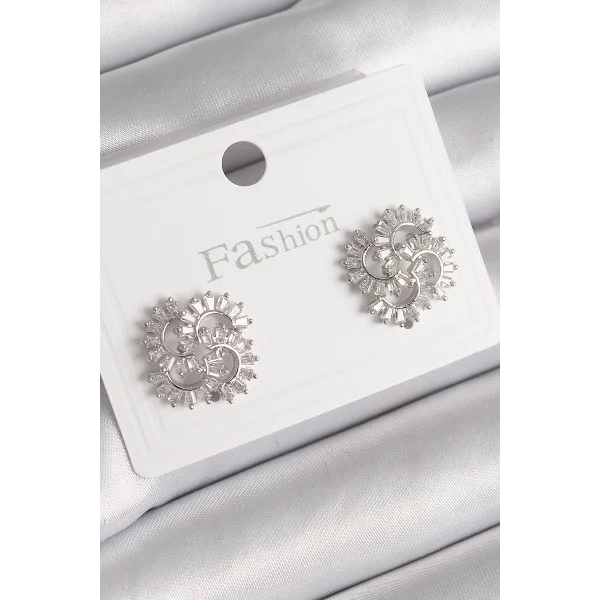 Pirinç Gümüş Renk Zirkon Taşlı Yonca Model Kadın Küpe