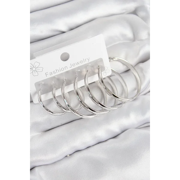 Pirinç Halka Model Gümüş Renk Kadın Set Küpe