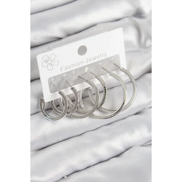 Pirinç Halka Model Gümüş Renk Kadın Set Küpe