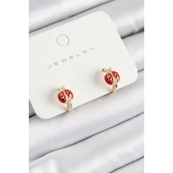 Pirinç Uğur Böceği Model Gold Renk Çocuk Küpe