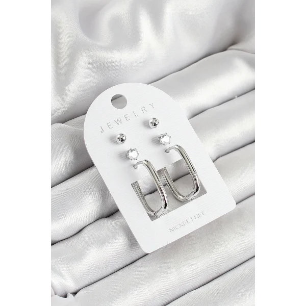 Pirinç Zirkon Taş Ve Dikdörtgen Figürlü Gümüş Renk 3lü Çift Kadın Küpe Set