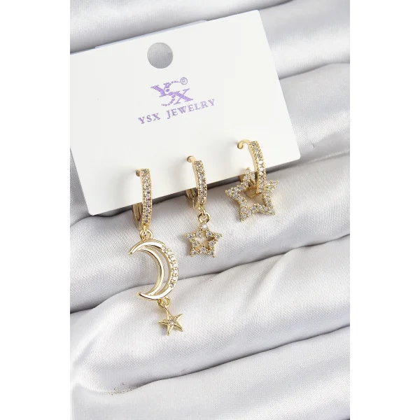 Pirinç Zİrkon Taşlı Ay Ve Hilal Model Gold Renk 3lü Kadın Küpe