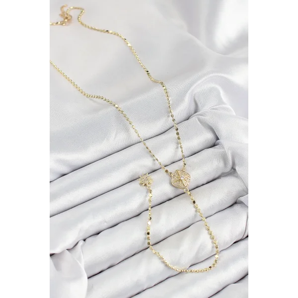 Pirinç Zirkon Taşlı Ezme Zincirli Madalyon Model Gold Renk Y Kolye