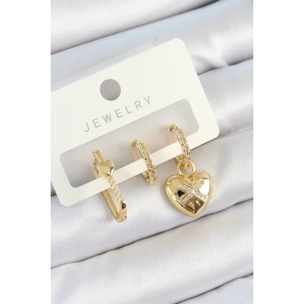 Pirinç Zirkon Taşlı Kalp Model Gold Renk 3lü Çift Kadın Küpe Set